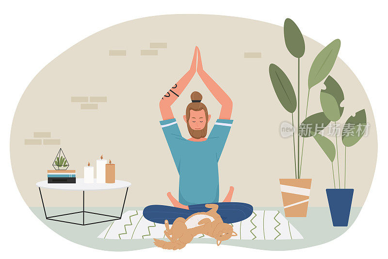 Yoga meditation at home, cartoon yogist character sitting in lotus position, meditating